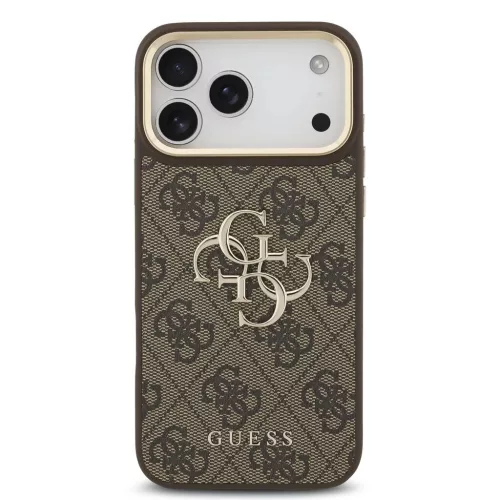 Guess PU-bőr 4G fémlogós aranykeretes tok iPhone 18 Pro Max készülékhez barna