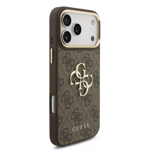 Guess PU-bőr 4G fémlogós aranykeretes tok iPhone 18 Pro Max készülékhez barna