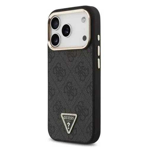 Guess PU bőr 4G strassz háromszög logós arany keretes MagSafe tok iPhone 18 Pro készülékhez fekete