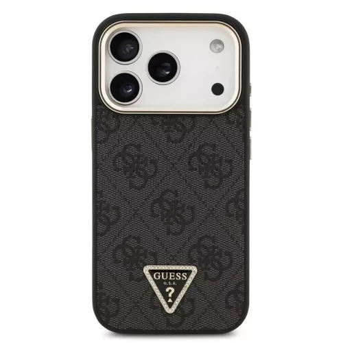 Guess PU bőr 4G strassz háromszög logós arany keretes MagSafe tok iPhone 18 Pro készülékhez fekete