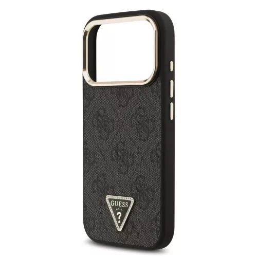 Guess PU bőr 4G strassz háromszög logós arany keretes MagSafe tok iPhone 18 Pro készülékhez fekete