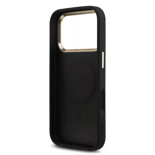 Guess PU bőr 4G strassz háromszög logós arany keretes MagSafe tok iPhone 18 Pro készülékhez fekete