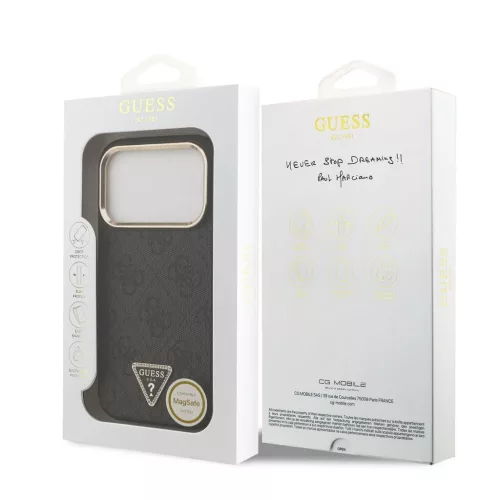 Guess PU bőr 4G strassz háromszög logós arany keretes MagSafe tok iPhone 18 Pro készülékhez fekete