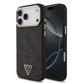   Guess MagSafe tok iPhone 18 Pro Max készülékhez, PU bőr, 4G, strasszos háromszög logó, arany keret, fekete