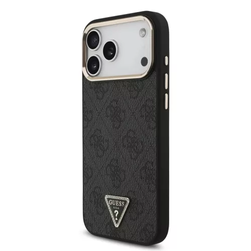 Guess MagSafe tok iPhone 18 Pro Max készülékhez, PU bőr, 4G, strasszos háromszög logó, arany keret, fekete
