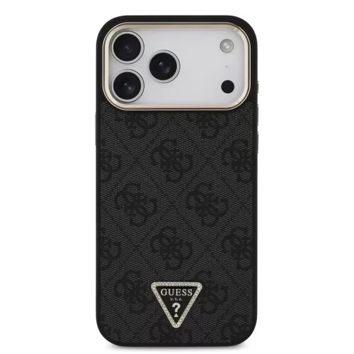 Guess MagSafe tok iPhone 18 Pro Max készülékhez, PU bőr, 4G, strasszos háromszög logó, arany keret, fekete