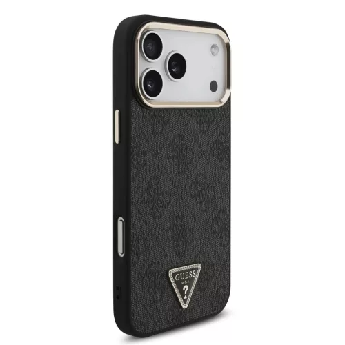 Guess MagSafe tok iPhone 18 Pro Max készülékhez, PU bőr, 4G, strasszos háromszög logó, arany keret, fekete