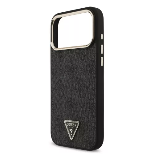 Guess MagSafe tok iPhone 18 Pro Max készülékhez, PU bőr, 4G, strasszos háromszög logó, arany keret, fekete