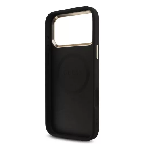 Guess MagSafe tok iPhone 18 Pro Max készülékhez, PU bőr, 4G, strasszos háromszög logó, arany keret, fekete