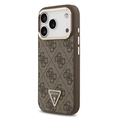 Guess PU bőr 4G strassz háromszög logós arany keretes MagSafe tok iPhone 18 Pro készülékhez barna