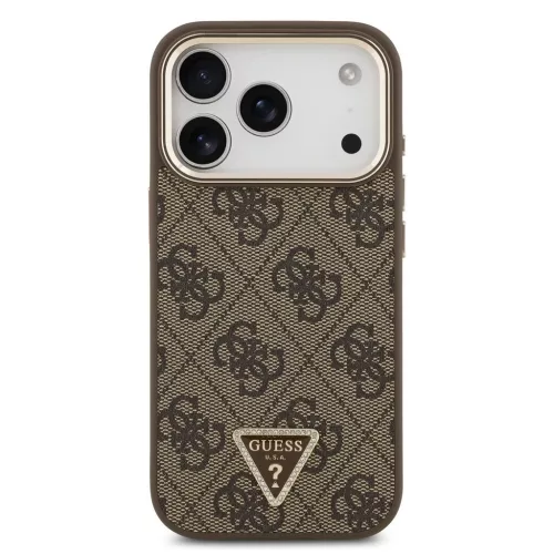 Guess PU bőr 4G strassz háromszög logós arany keretes MagSafe tok iPhone 18 Pro készülékhez barna