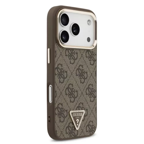 Guess PU bőr 4G strassz háromszög logós arany keretes MagSafe tok iPhone 18 Pro készülékhez barna