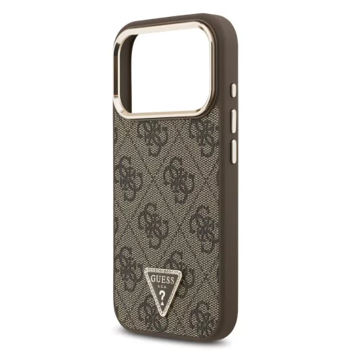 Guess PU bőr 4G strassz háromszög logós arany keretes MagSafe tok iPhone 18 Pro készülékhez barna