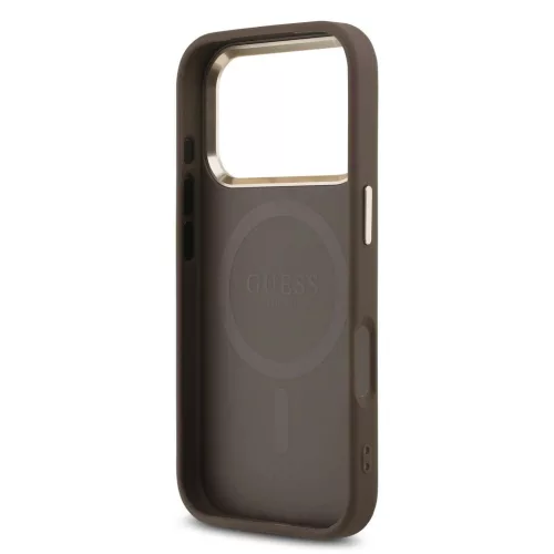 Guess PU bőr 4G strassz háromszög logós arany keretes MagSafe tok iPhone 18 Pro készülékhez barna