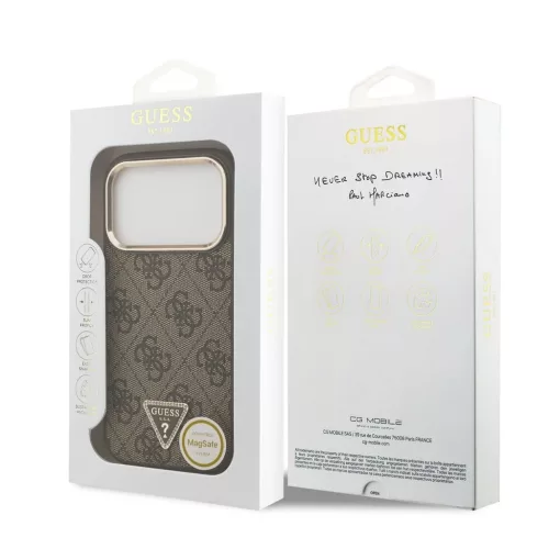 Guess PU bőr 4G strassz háromszög logós arany keretes MagSafe tok iPhone 18 Pro készülékhez barna