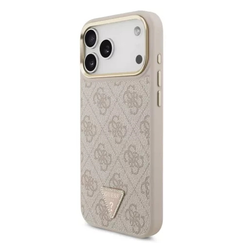 Guess PU Leather 4G Strass Triangle Logo Gold Frame MagSafe tok iPhone 18 Pro Max készülékhez rózsaszín