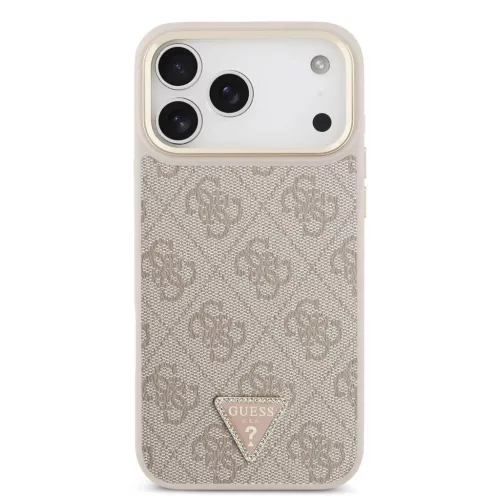 Guess PU Leather 4G Strass Triangle Logo Gold Frame MagSafe tok iPhone 18 Pro Max készülékhez rózsaszín