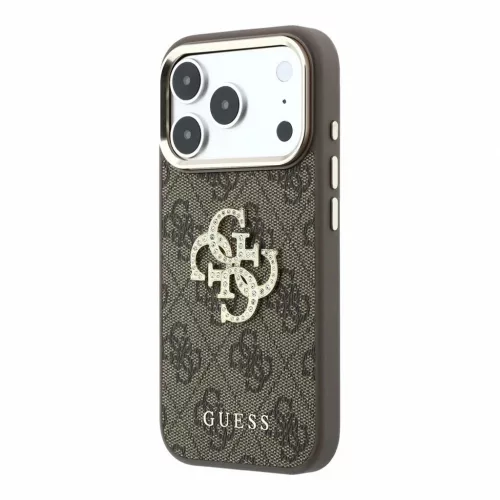 Guess PU 4G Strass Metal Logo tok iPhone 18 Pro Max készülékhez barna