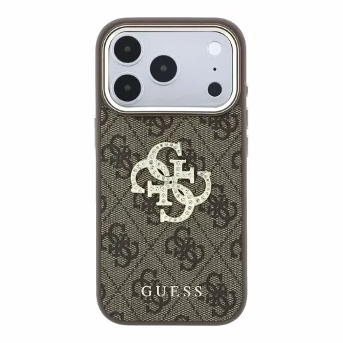Guess PU 4G Strass Metal Logo tok iPhone 18 Pro Max készülékhez barna