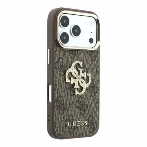 Guess PU 4G Strass Metal Logo tok iPhone 18 Pro Max készülékhez barna