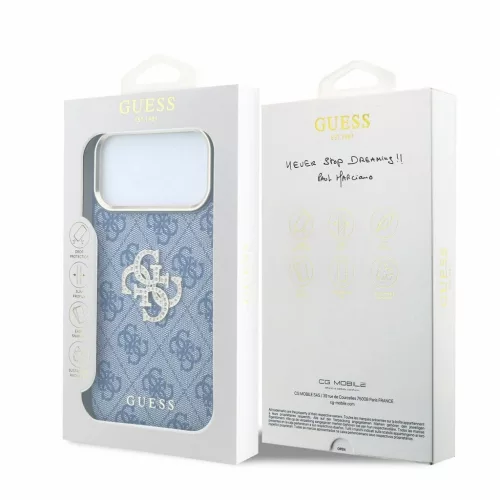 Guess PU 4G Strass Metal Logo tok iPhone 18 Pro Max készülékhez kék