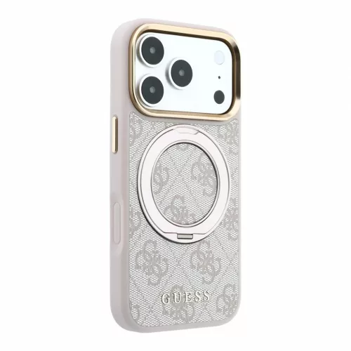 Guess PU 4G gyűrűs kitámasztós MagSafe tok iPhone 18 Pro készülékhez rózsaszín