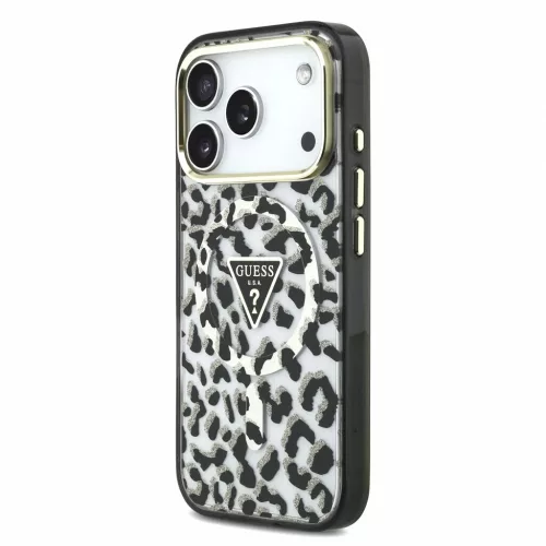 Guess IML Glitter Leopard Triangle Logo MagSafe tok iPhone 18 Pro Max készülékhez fekete