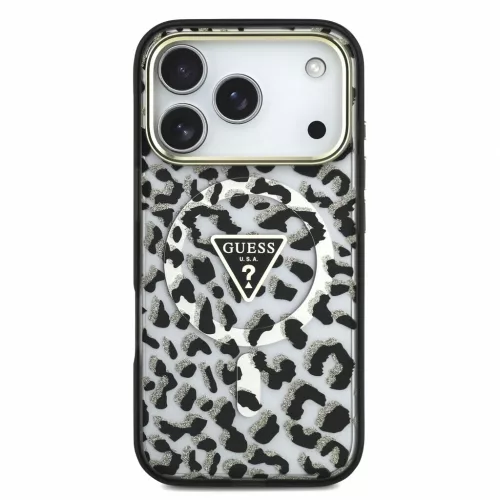 Guess IML Glitter Leopard Triangle Logo MagSafe tok iPhone 18 Pro Max készülékhez fekete