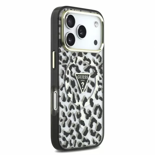 Guess IML Glitter Leopard Triangle Logo MagSafe tok iPhone 18 Pro Max készülékhez fekete