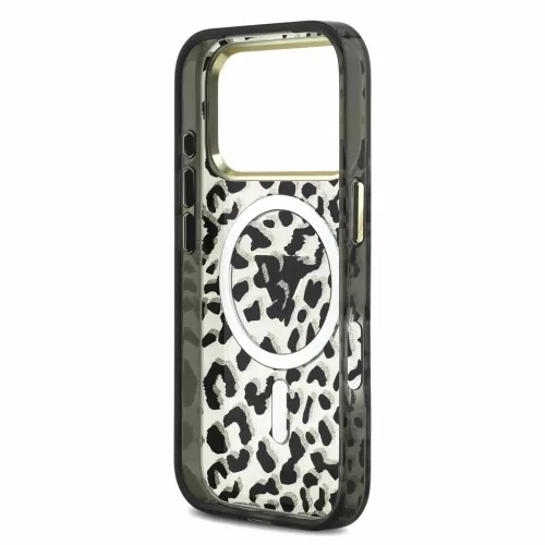Guess IML Glitter Leopard Triangle Logo MagSafe tok iPhone 18 Pro Max készülékhez fekete