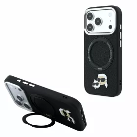   Karl Lagerfeld PU Grained K&CH Heads MagSafe tok gyűrűs állvánnyal iPhone 18 Pro Max készülékhez fekete