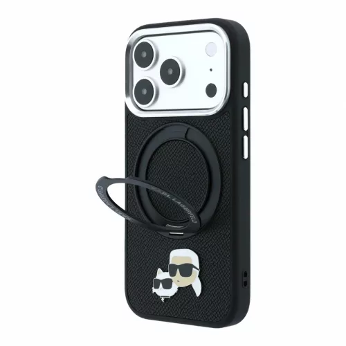 Karl Lagerfeld PU Grained K&CH Heads MagSafe tok gyűrűs állvánnyal iPhone 18 Pro Max készülékhez fekete
