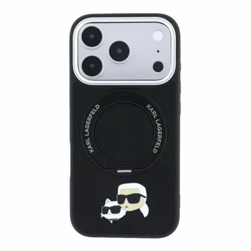 Karl Lagerfeld PU Grained K&CH Heads MagSafe tok gyűrűs állvánnyal iPhone 18 Pro Max készülékhez fekete
