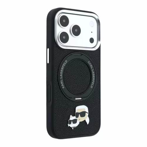 Karl Lagerfeld PU Grained K&CH Heads MagSafe tok gyűrűs állvánnyal iPhone 18 Pro Max készülékhez fekete