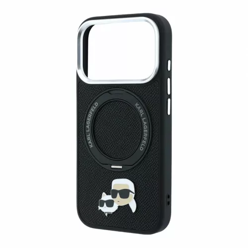 Karl Lagerfeld PU Grained K&CH Heads MagSafe tok gyűrűs állvánnyal iPhone 18 Pro Max készülékhez fekete