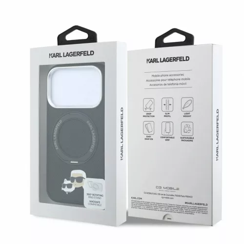 Karl Lagerfeld PU Grained K&CH Heads MagSafe tok gyűrűs állvánnyal iPhone 18 Pro Max készülékhez fekete