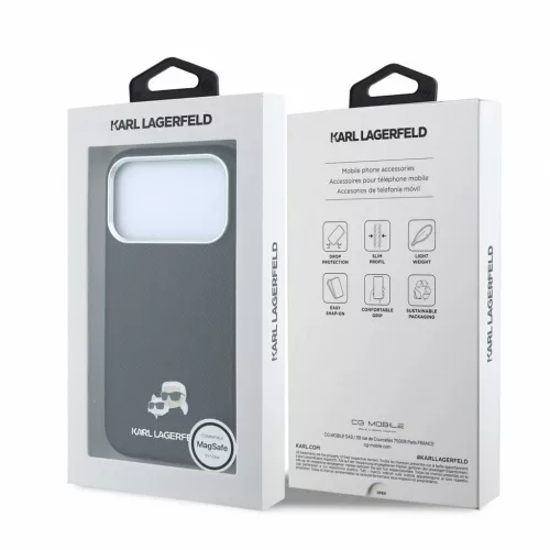 Karl Lagerfeld PU Grained Semi Wrap K&CH Heads MagSafe tok iPhone 18 Pro Max készülékhez, fekete