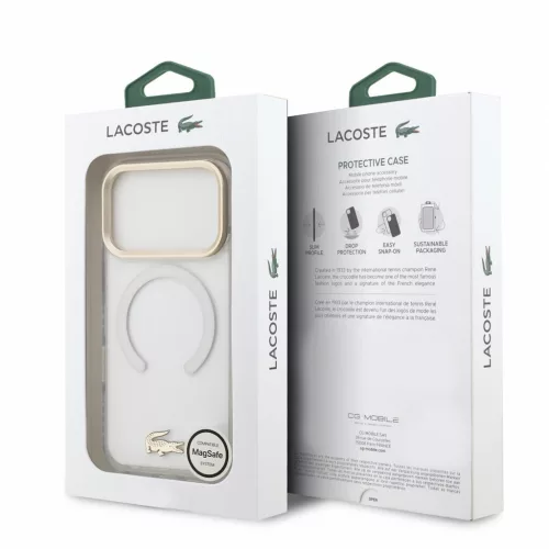 Lacoste iPhone 18 Pro készülékhez IML Petit Pique arany logós ütésálló MagSafe tok átlátszó