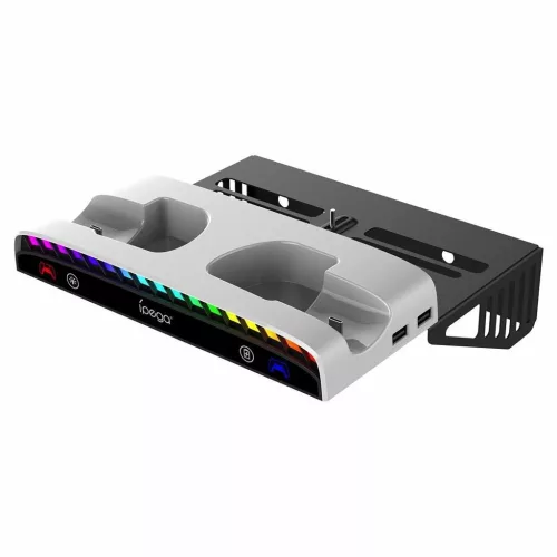 iPega P5S011 falra szerelhető állvány PS5/PS5 Slim/PS5 Pro konzolokhoz, dupla töltőállomás PS5 kontrollerekhez (sérült csomagolás)