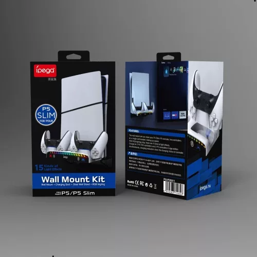 iPega P5S011 falra szerelhető állvány PS5/PS5 Slim/PS5 Pro konzolokhoz, dupla töltőállomás PS5 kontrollerekhez (sérült csomagolás)