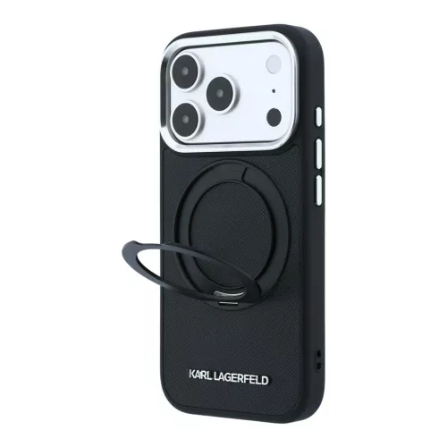 Karl Lagerfeld PU Saffiano gyűrűs kitámasztó MagSafe tok iPhone 18 Pro Max készülékhez fekete