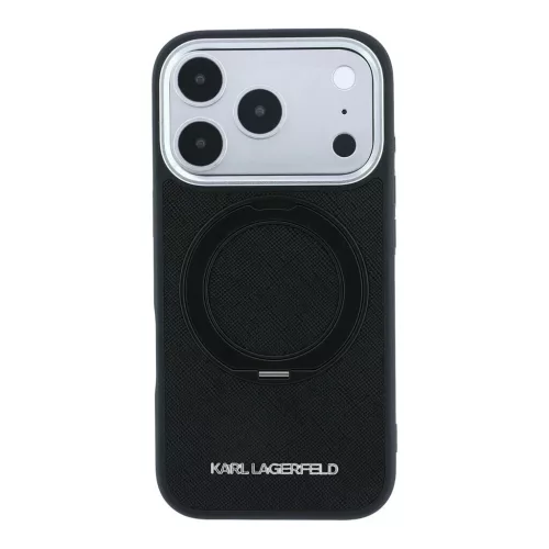 Karl Lagerfeld PU Saffiano gyűrűs kitámasztó MagSafe tok iPhone 18 Pro Max készülékhez fekete