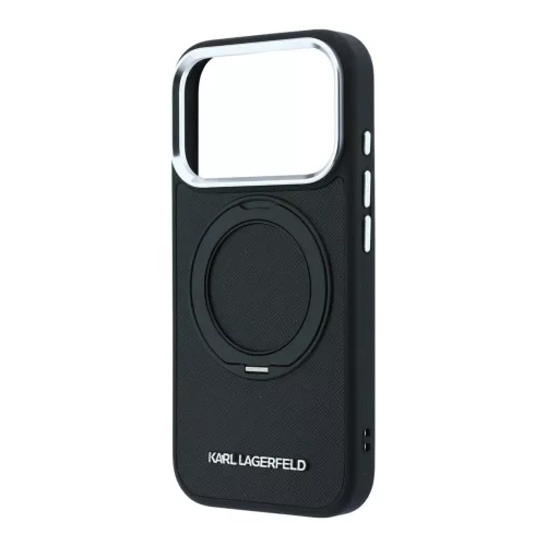 Karl Lagerfeld PU Saffiano gyűrűs kitámasztó MagSafe tok iPhone 18 Pro Max készülékhez fekete