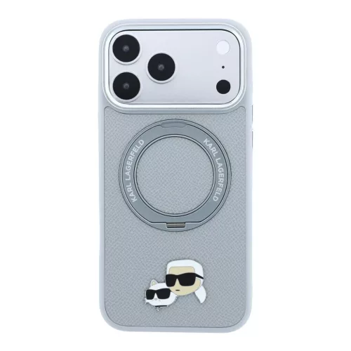 Karl Lagerfeld PU Grained K&CH Heads gyűrűs állványos MagSafe tok iPhone 18 Pro Max készülékhez szürke
