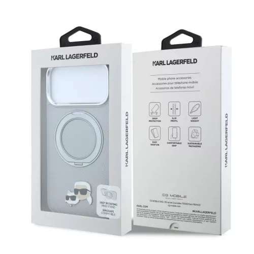 Karl Lagerfeld PU Grained K&CH Heads gyűrűs állványos MagSafe tok iPhone 18 Pro Max készülékhez szürke