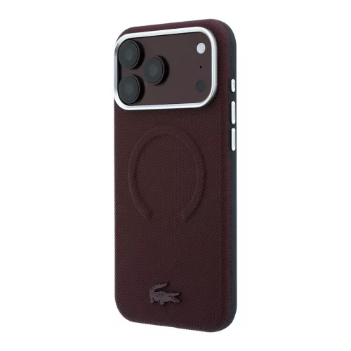 Lacoste PVC Petit Pique dombornyomott, félig körbefogó MagSafe tok iPhone 18 Pro készülékhez bordó
