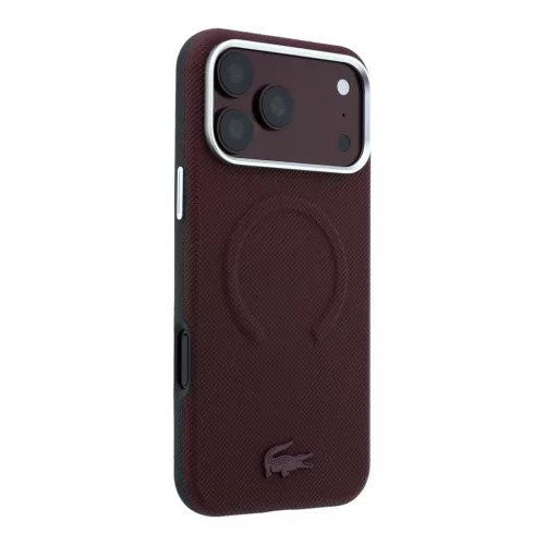Lacoste PVC Petit Pique dombornyomott, félig körbefogó MagSafe tok iPhone 18 Pro készülékhez bordó