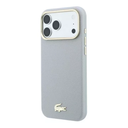 Lacoste PU bőr Champs Elysees arany logós MagSafe tok iPhone 18 Pro készülékhez világosszürke