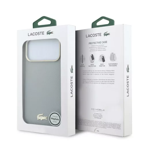 Lacoste PU bőr Champs Elysees arany logós MagSafe tok iPhone 18 Pro készülékhez világosszürke