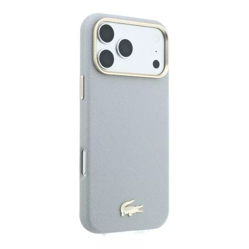 Lacoste PU Leather Champs Elysees Gold Logo MagSafe tok iPhone 18 Pro Max készülékhez világosszürke